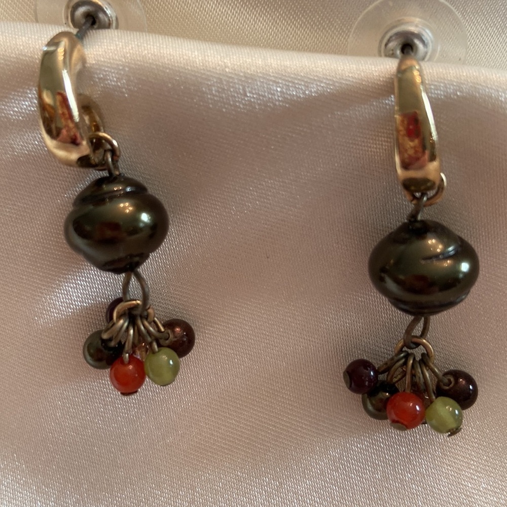 Dark Green Bead Drop Earrings with Multicolored Accent Beads